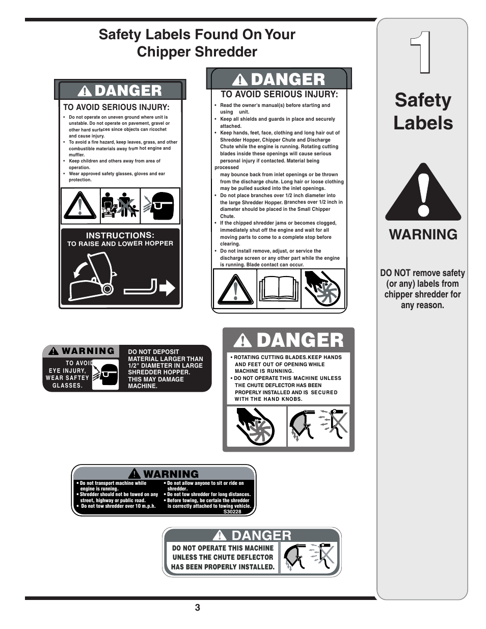 Safety labels, Danger, Warning | Safety labels found on your chipper shredder | MTD 450 Series User Manual | Page 3 / 36