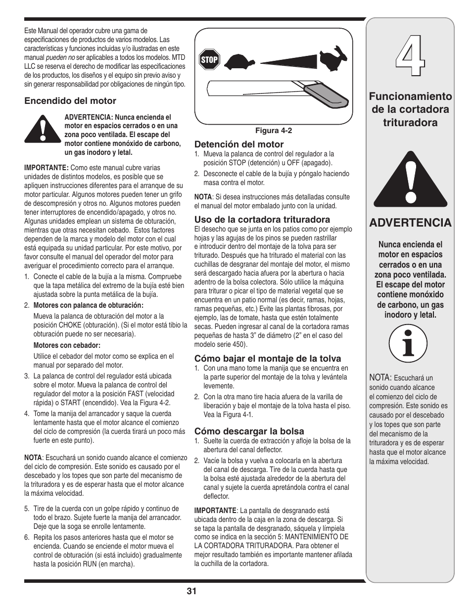 Advertencia, Funcionamiento de la cortadora trituradora | MTD 450 Series User Manual | Page 31 / 36