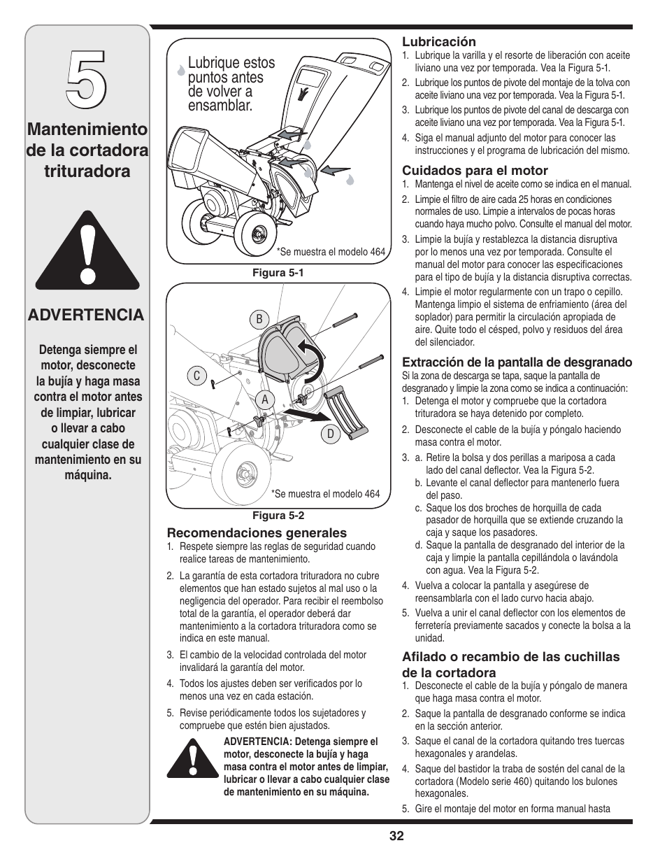 Mantenimiento de la cortadora trituradora, Advertencia, Lubrique estos puntos antes de volver a ensamblar | MTD 450 Series User Manual | Page 32 / 36