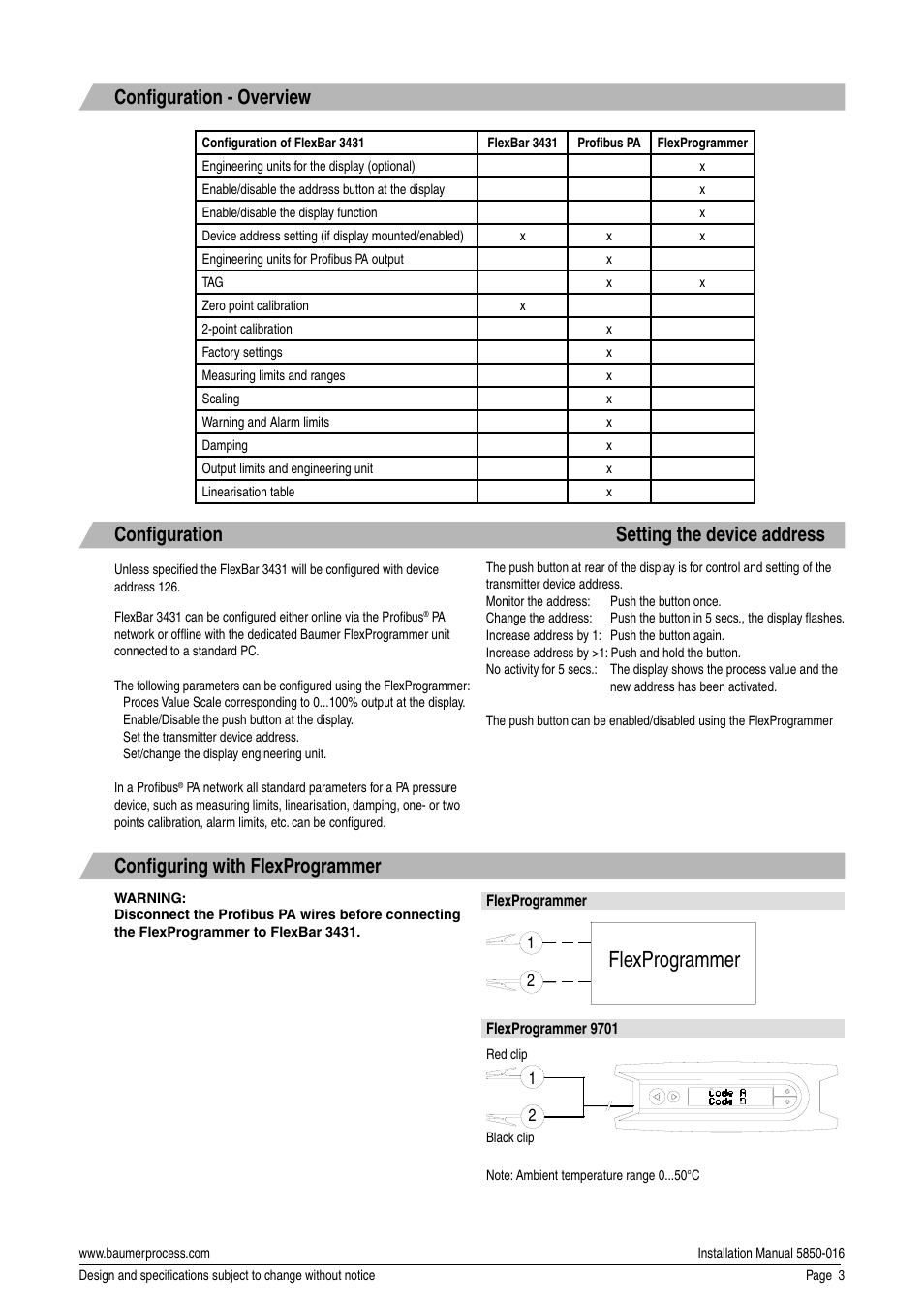 Flexprogrammer, Confi guration - overview, Confi guration setting the device address | Confi guring with flexprogrammer | Baumer Flex Bar 3431 User Manual | Page 3 / 4