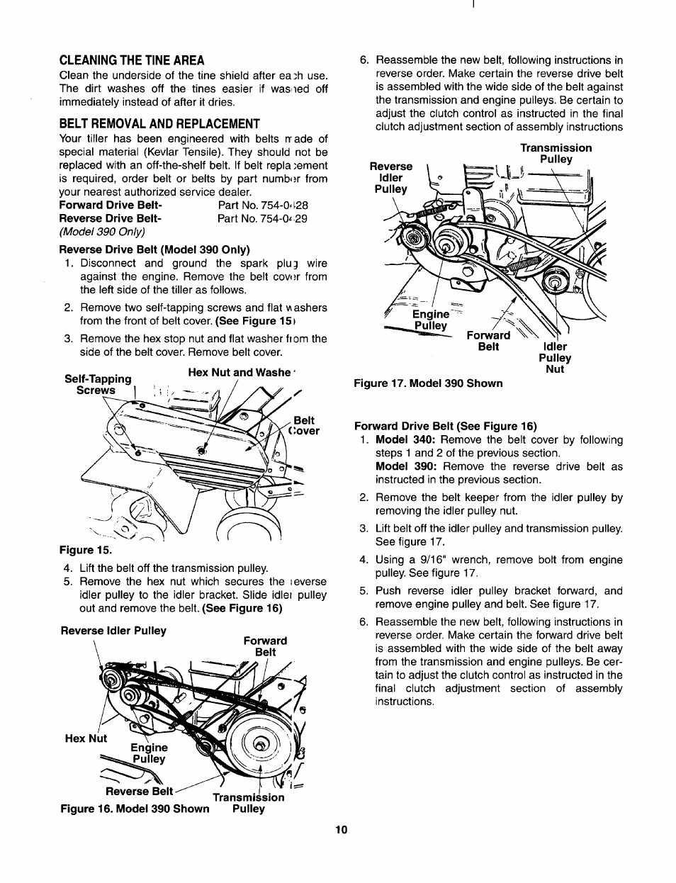 Cleaning the tine area, Belt removal and replacement | Bolens 390 User Manual | Page 10 / 16