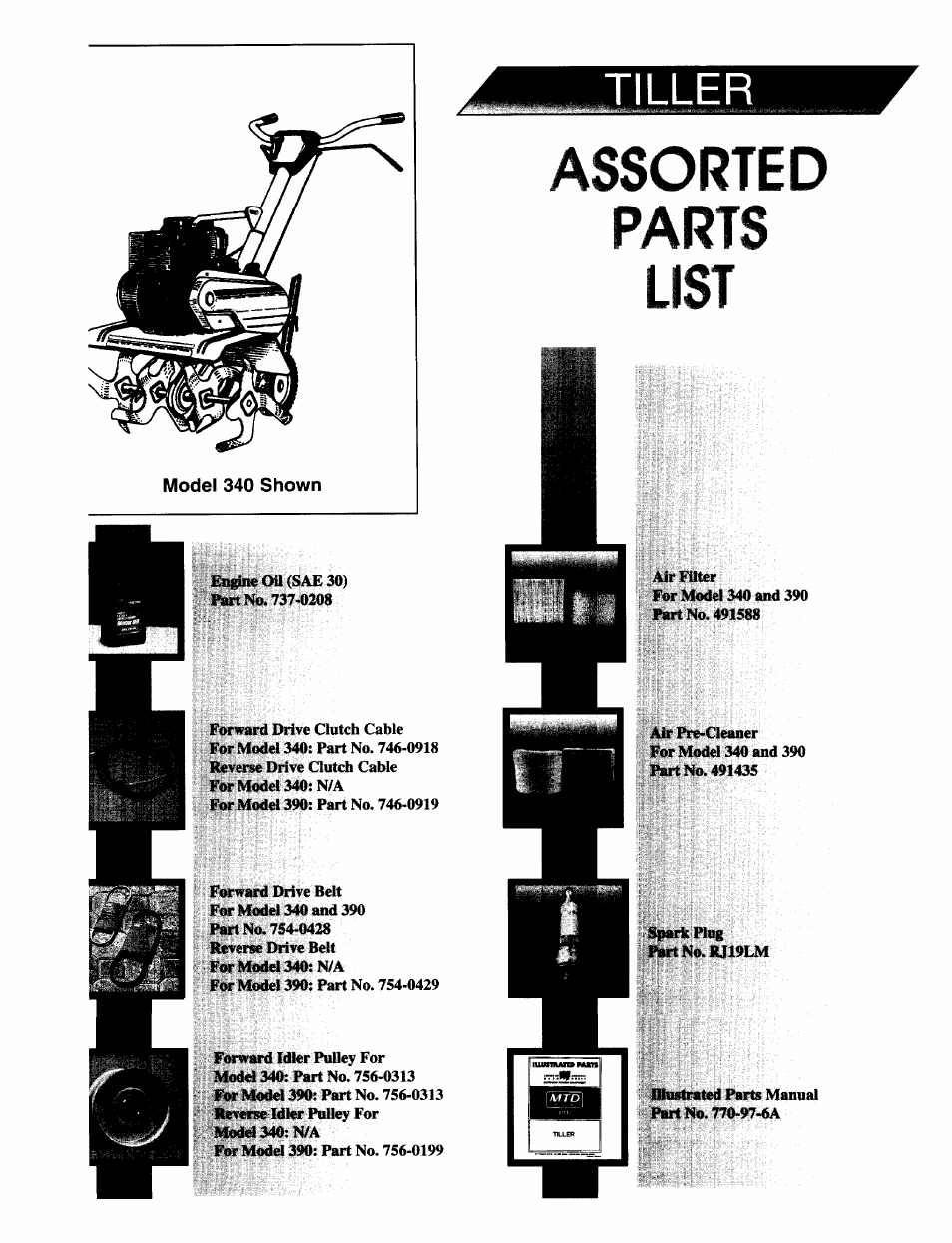 Tiller, Assorted parts list | Bolens 390 User Manual | Page 15 / 16