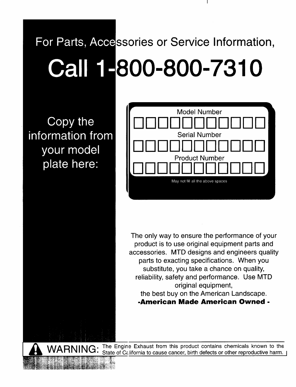 Call 1, Call 1- 800, For parts, acce ssories or service information | Bolens 390 User Manual | Page 16 / 16