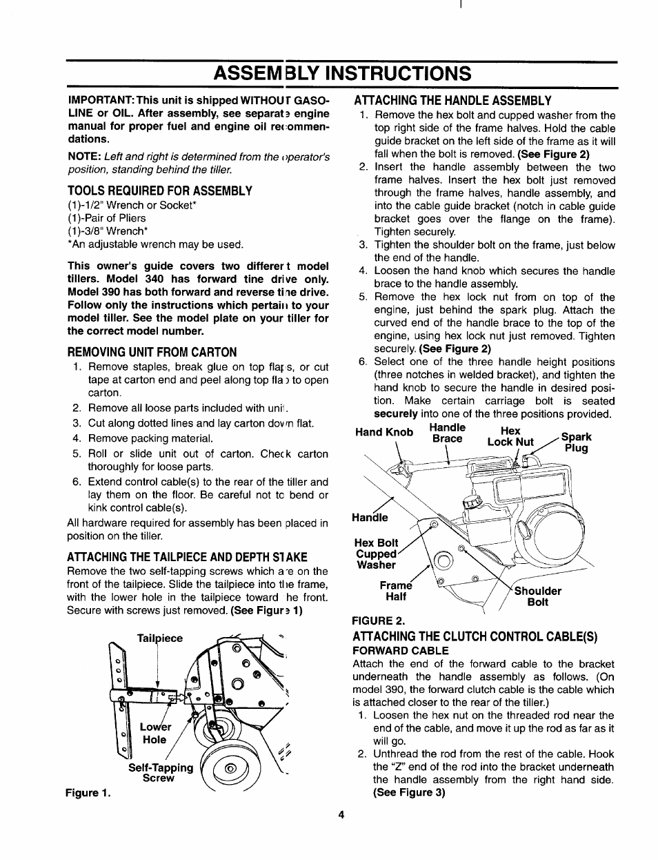 Tools required for assembly, Removing unit from carton, Ahaching the tailpiece and depth stake | Ahaching the handle assembly, Ahaching the clutch control cable(s), Assembly instructions | Bolens 390 User Manual | Page 4 / 16