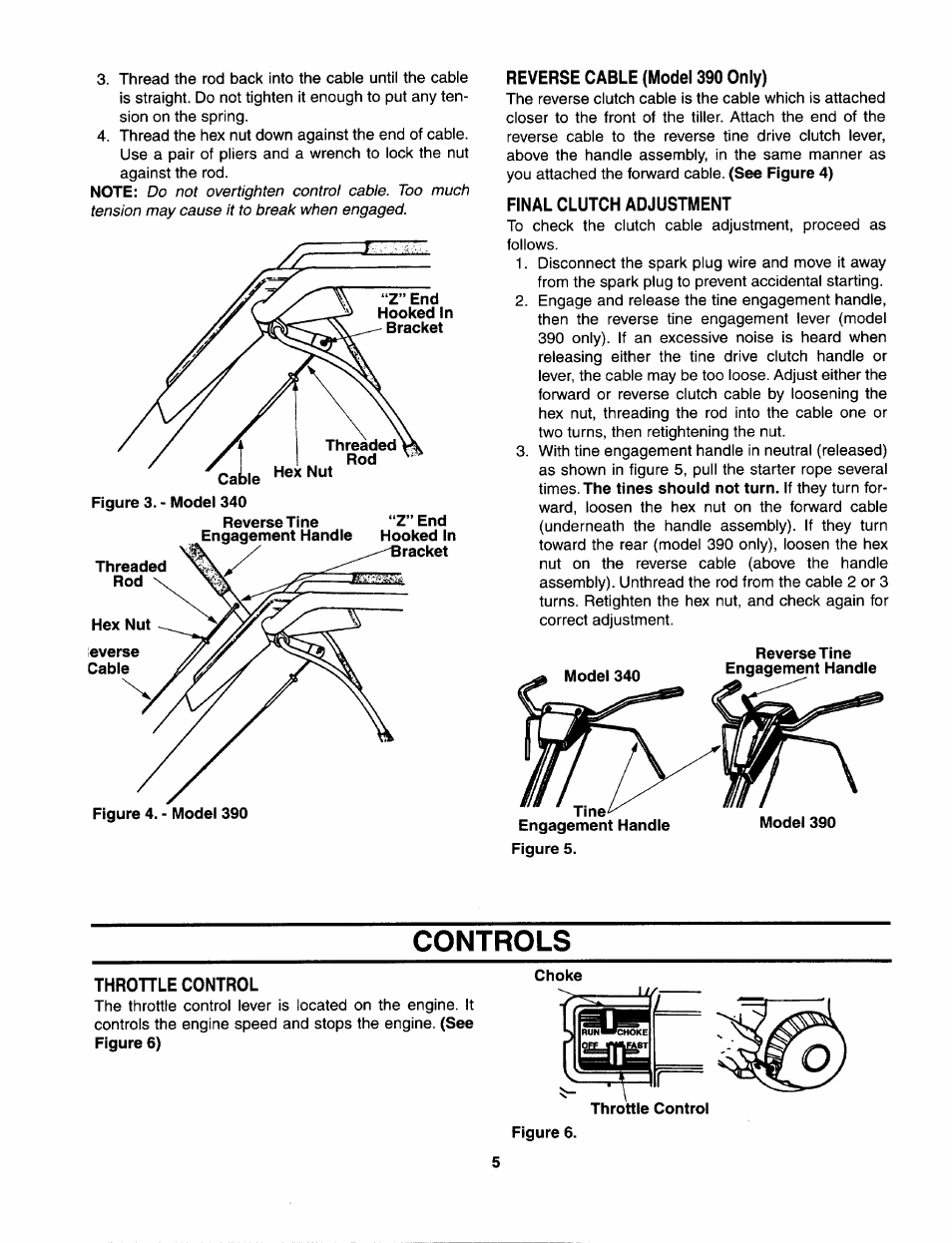 Reverse cable (model 390 only), Final clutch adjustment, Throhle control | Controls | Bolens 390 User Manual | Page 5 / 16