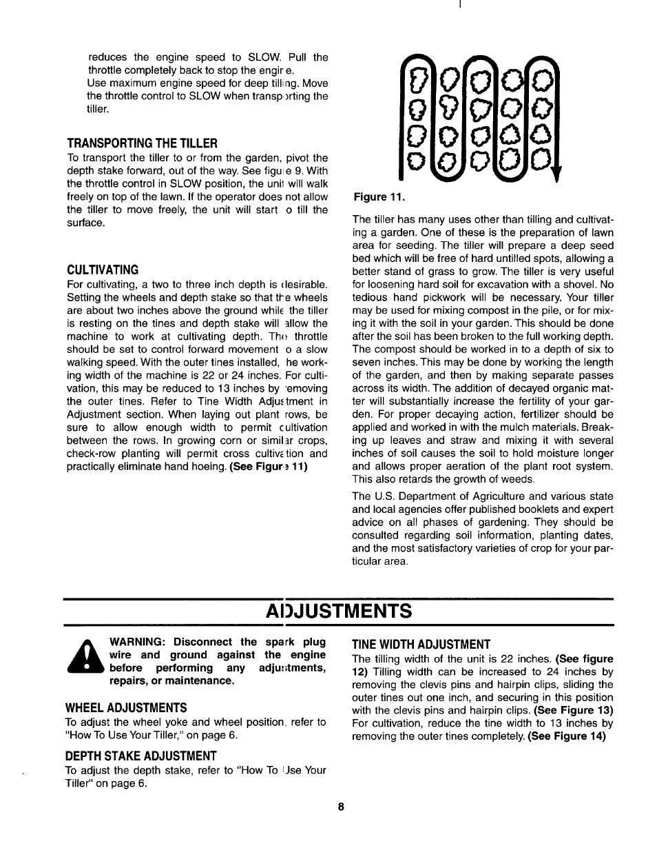 Transporting the tiller, Cultivating, Wheel adjustments | Depth stake adjustment, Tine width adjustment, Adjustments | Bolens 390 User Manual | Page 8 / 16