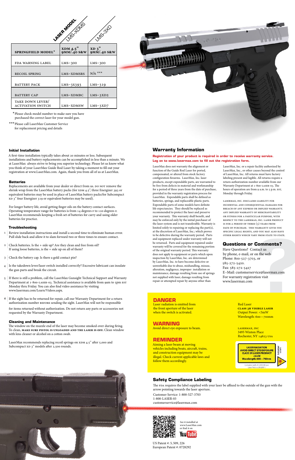 Danger, Warning, Reminder | LaserMax LMS-XDMS User Manual | Page 2 / 2