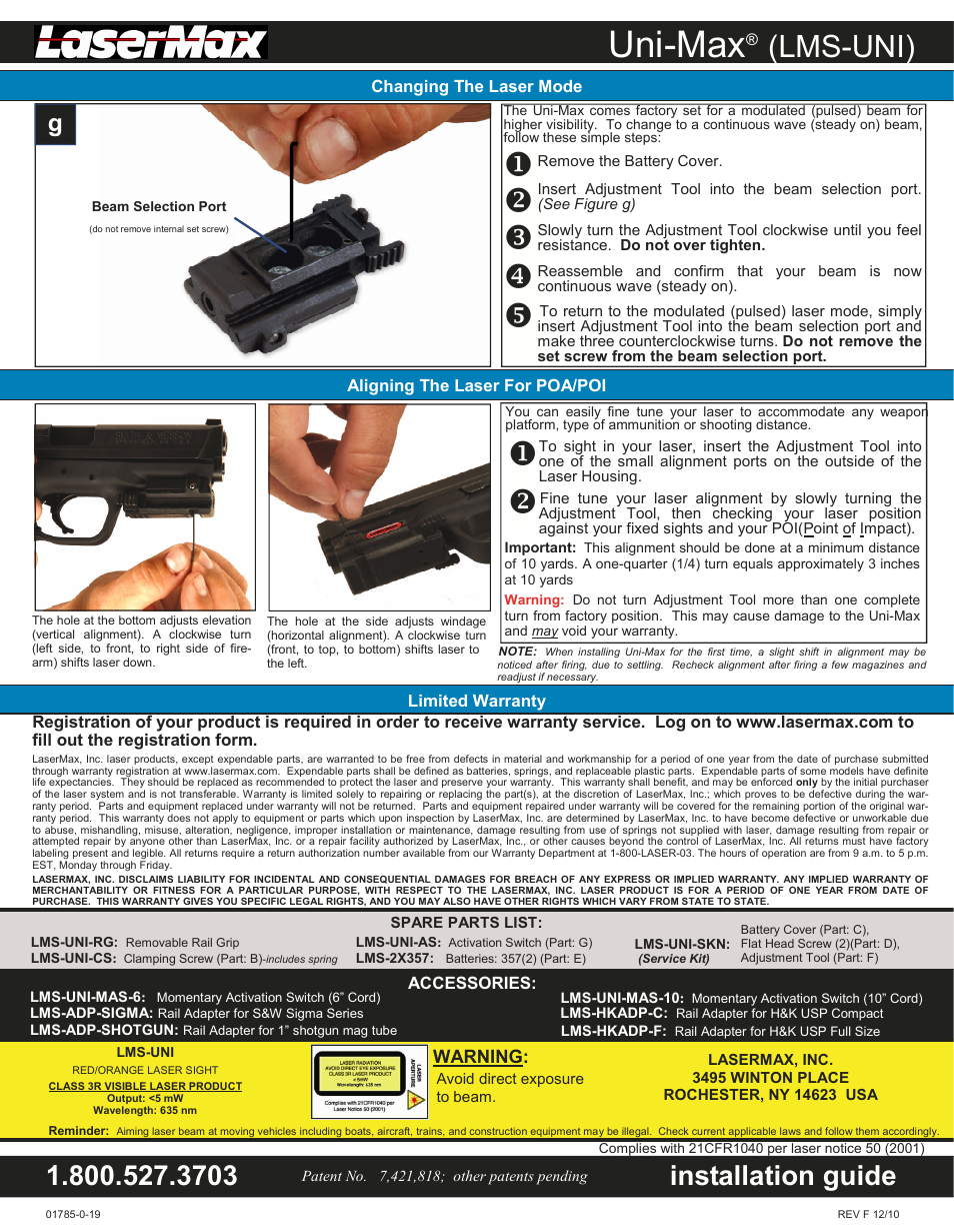 Uni-max, Lms-uni), Installation guide | Warning | LaserMax LMS-UNI-MAX RED User Manual | Page 2 / 2