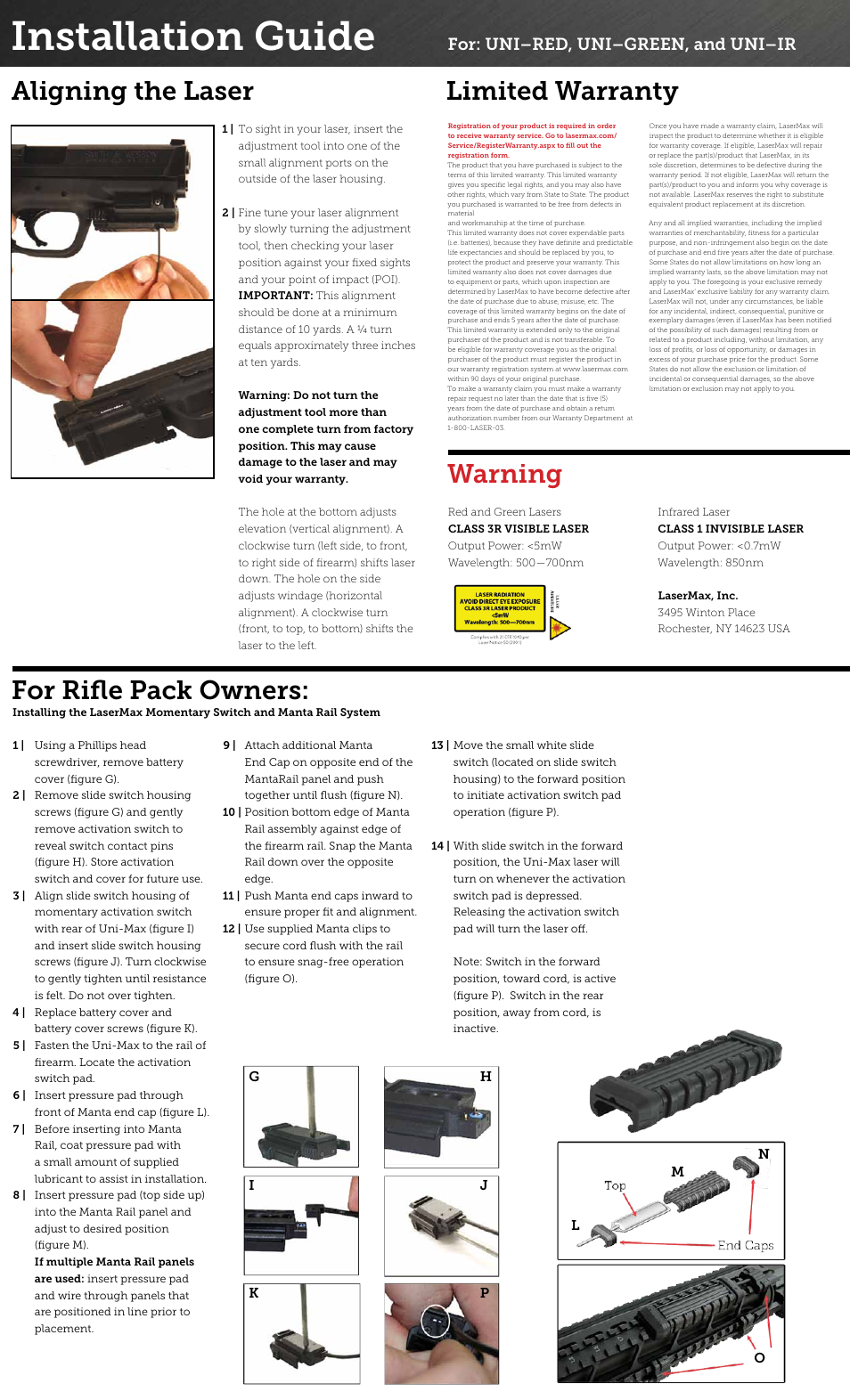 Installation guide, Warning, For: uni–red, uni–green, and uni–ir | LaserMax LMS-UNI-MAX GREEN User Manual | Page 2 / 2