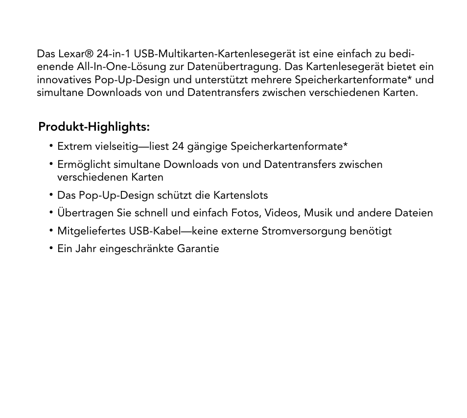 Produkt-highlights | Lexar Multi-Card 24-in-1 USB Reader User Manual | Page 12 / 130
