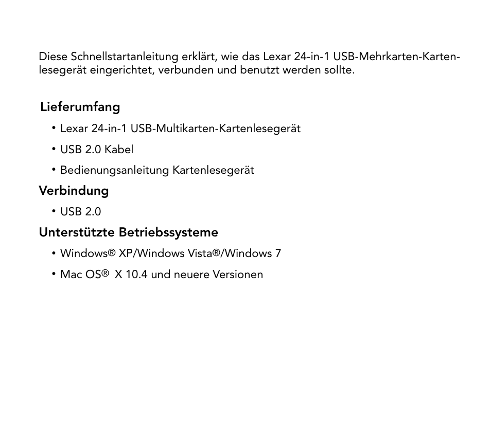 Lieferumfang, Verbindung, Unterstützte betriebssysteme | Lexar Multi-Card 24-in-1 USB Reader User Manual | Page 13 / 130