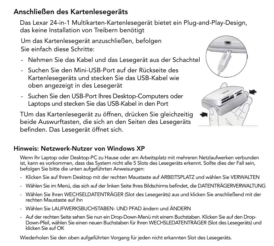 Anschließen des kartenlesegeräts | Lexar Multi-Card 24-in-1 USB Reader User Manual | Page 15 / 130