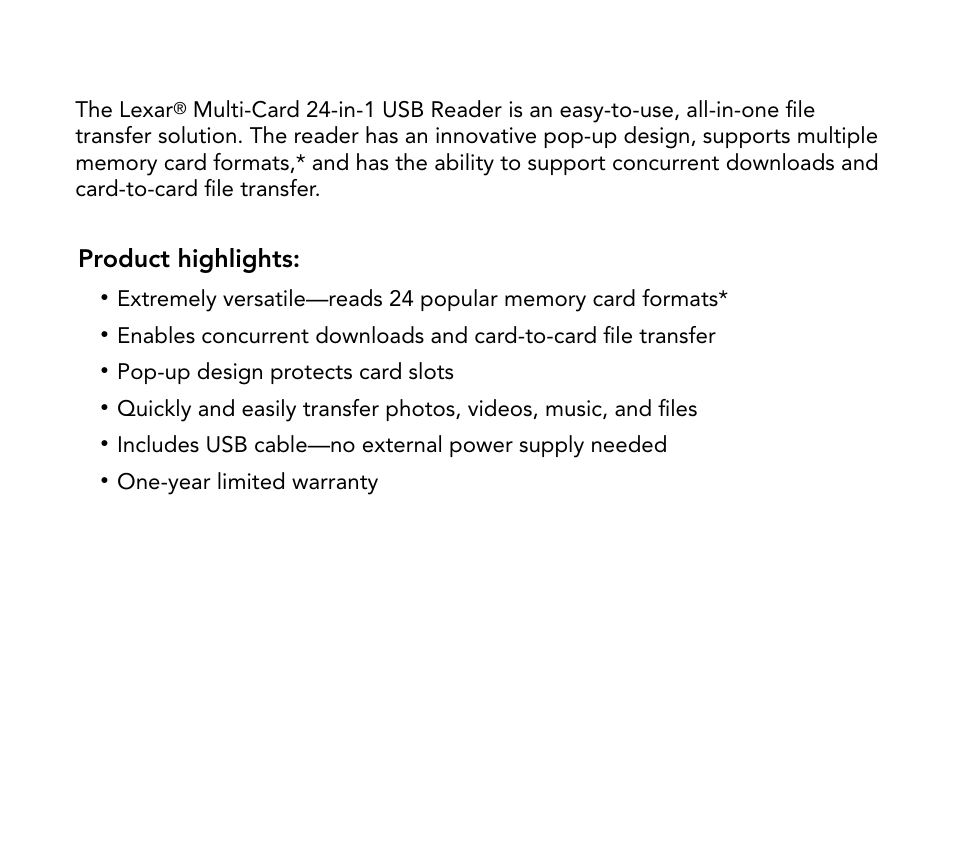 Product highlights | Lexar Multi-Card 24-in-1 USB Reader User Manual | Page 2 / 130