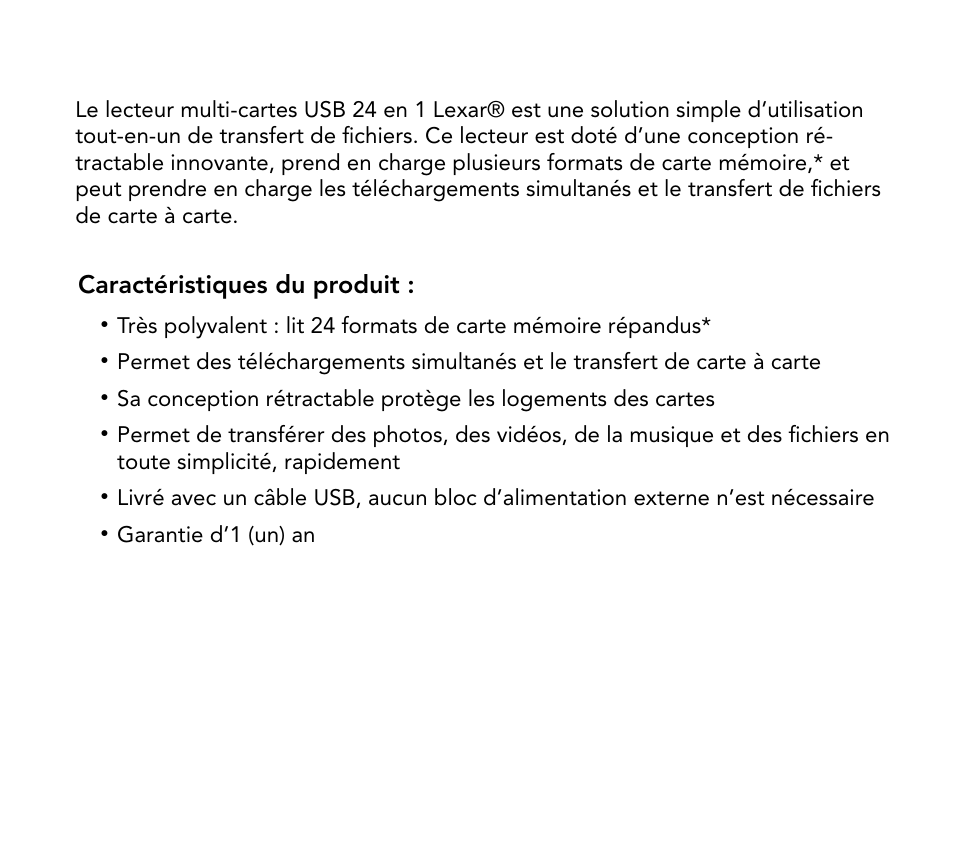 Caractéristiques du produit | Lexar Multi-Card 24-in-1 USB Reader User Manual | Page 22 / 130