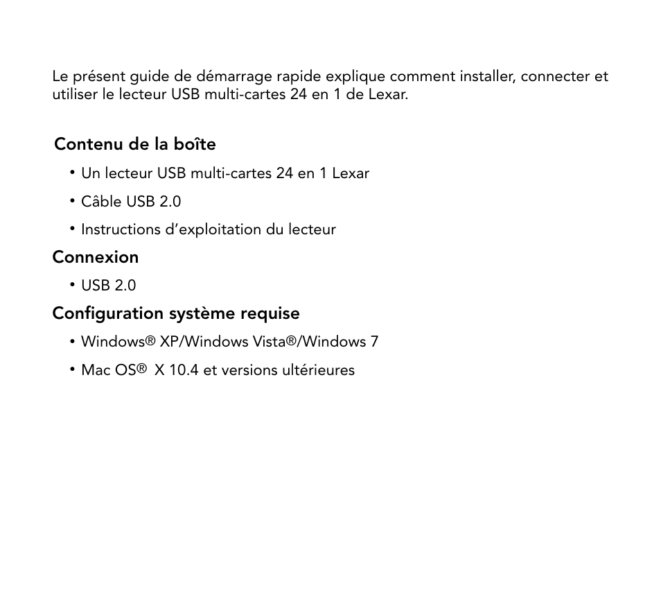 Contenu de la boîte, Connexion, Configuration système requise | Lexar Multi-Card 24-in-1 USB Reader User Manual | Page 23 / 130