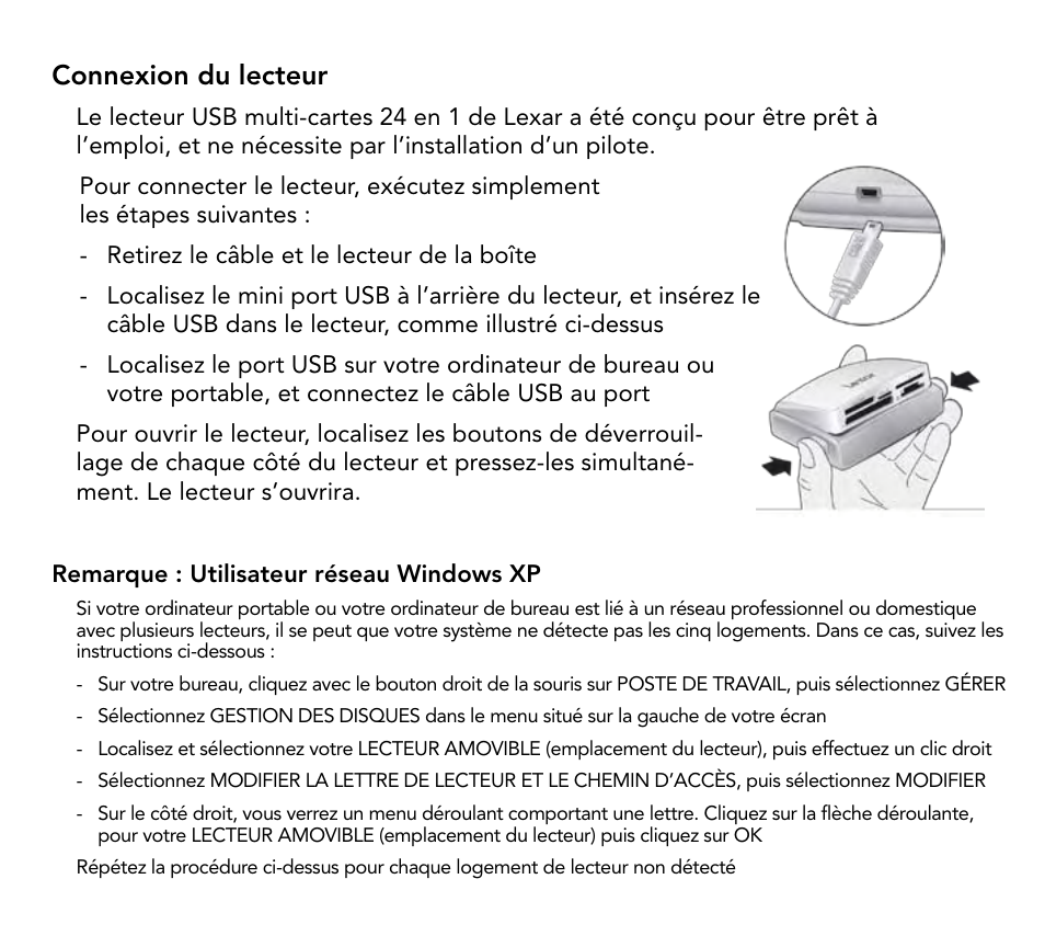 Connexion du lecteur | Lexar Multi-Card 24-in-1 USB Reader User Manual | Page 25 / 130