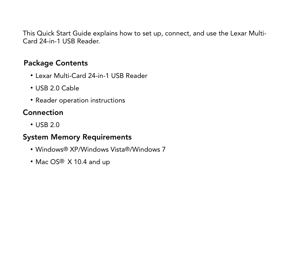 Package contents, Connection | Lexar Multi-Card 24-in-1 USB Reader User Manual | Page 3 / 130