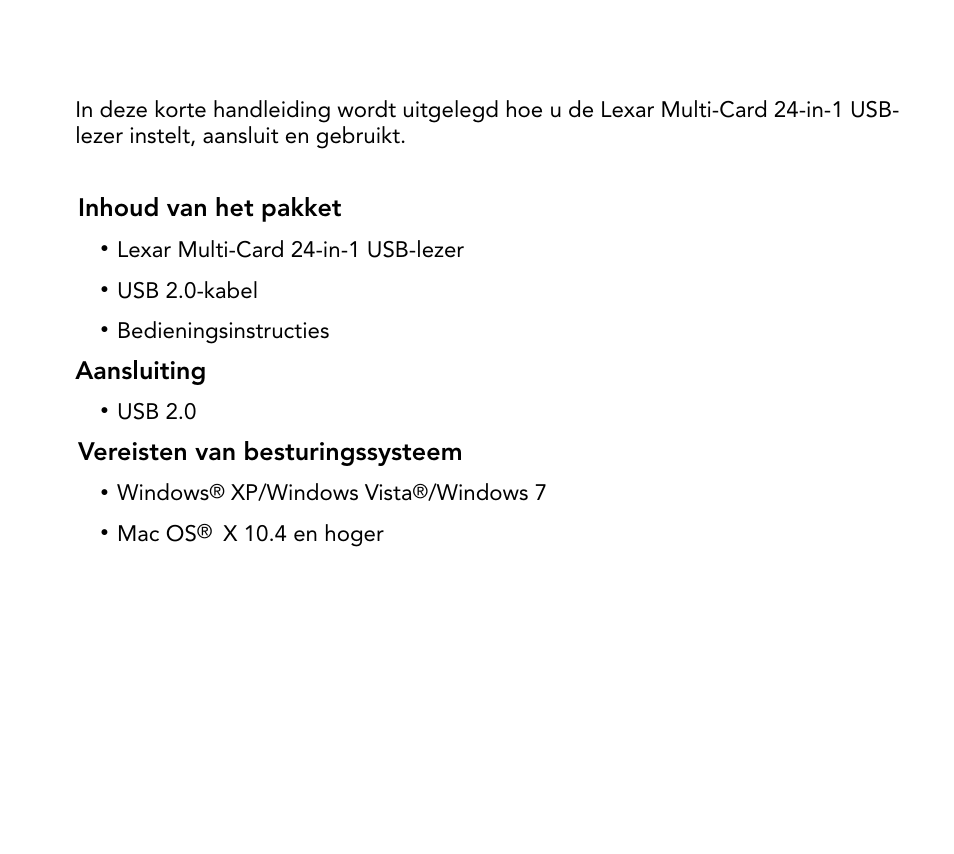 Inhoud van het pakket, Aansluiting, Vereisten van besturingssysteem | Lexar Multi-Card 24-in-1 USB Reader User Manual | Page 33 / 130