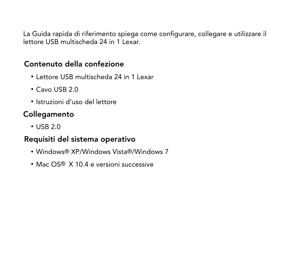 Contenuto della confezione, Collegamento, Requisiti del sistema operativo | Lexar Multi-Card 24-in-1 USB Reader User Manual | Page 43 / 130