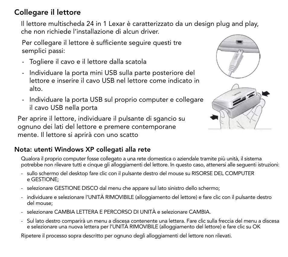 Collegare il lettore | Lexar Multi-Card 24-in-1 USB Reader User Manual | Page 45 / 130