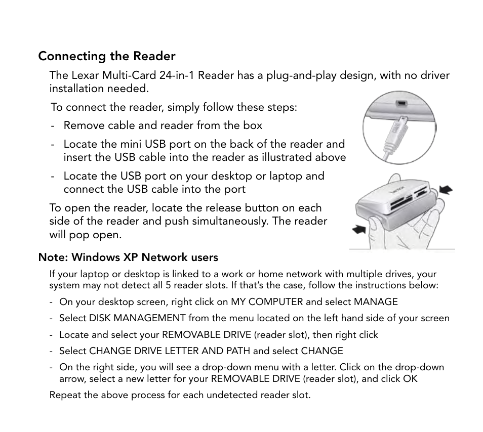 Connecting the reader | Lexar Multi-Card 24-in-1 USB Reader User Manual | Page 5 / 130