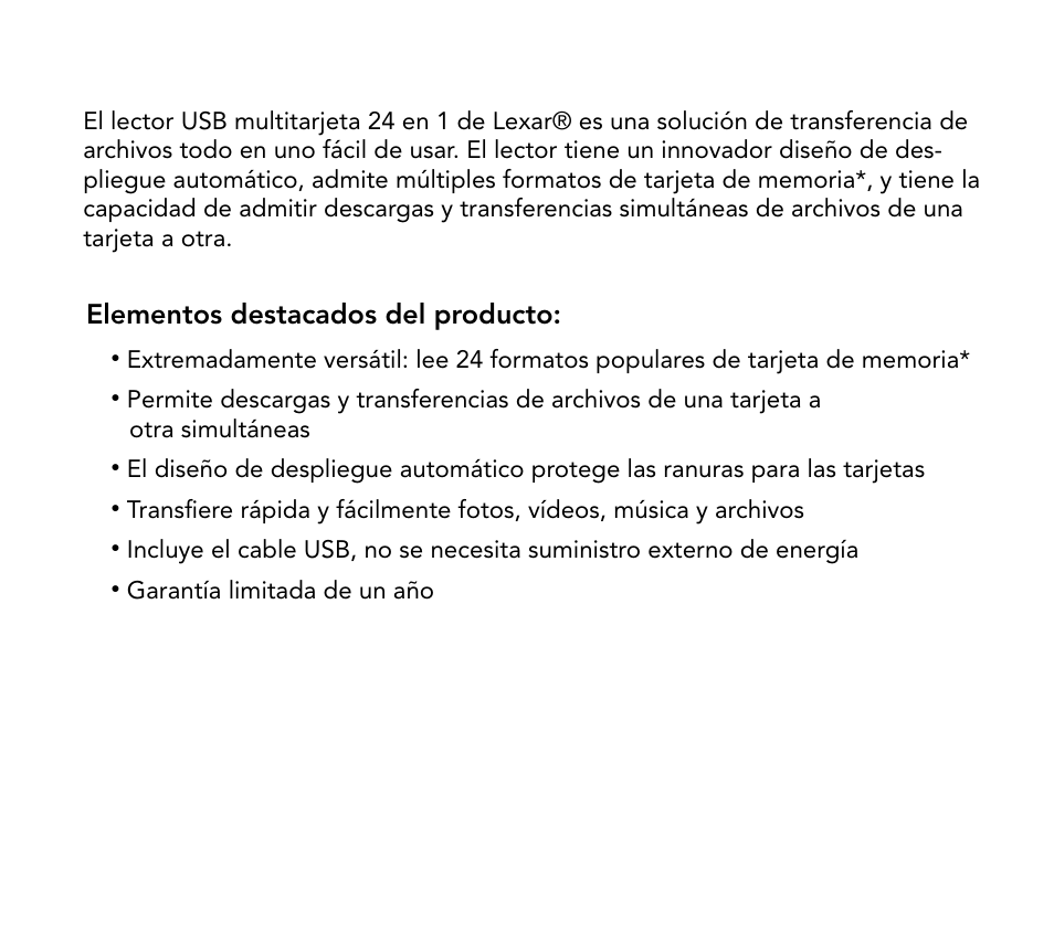 Elementos destacados del producto | Lexar Multi-Card 24-in-1 USB Reader User Manual | Page 52 / 130
