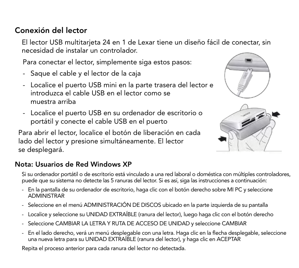 Conexión del lector | Lexar Multi-Card 24-in-1 USB Reader User Manual | Page 55 / 130