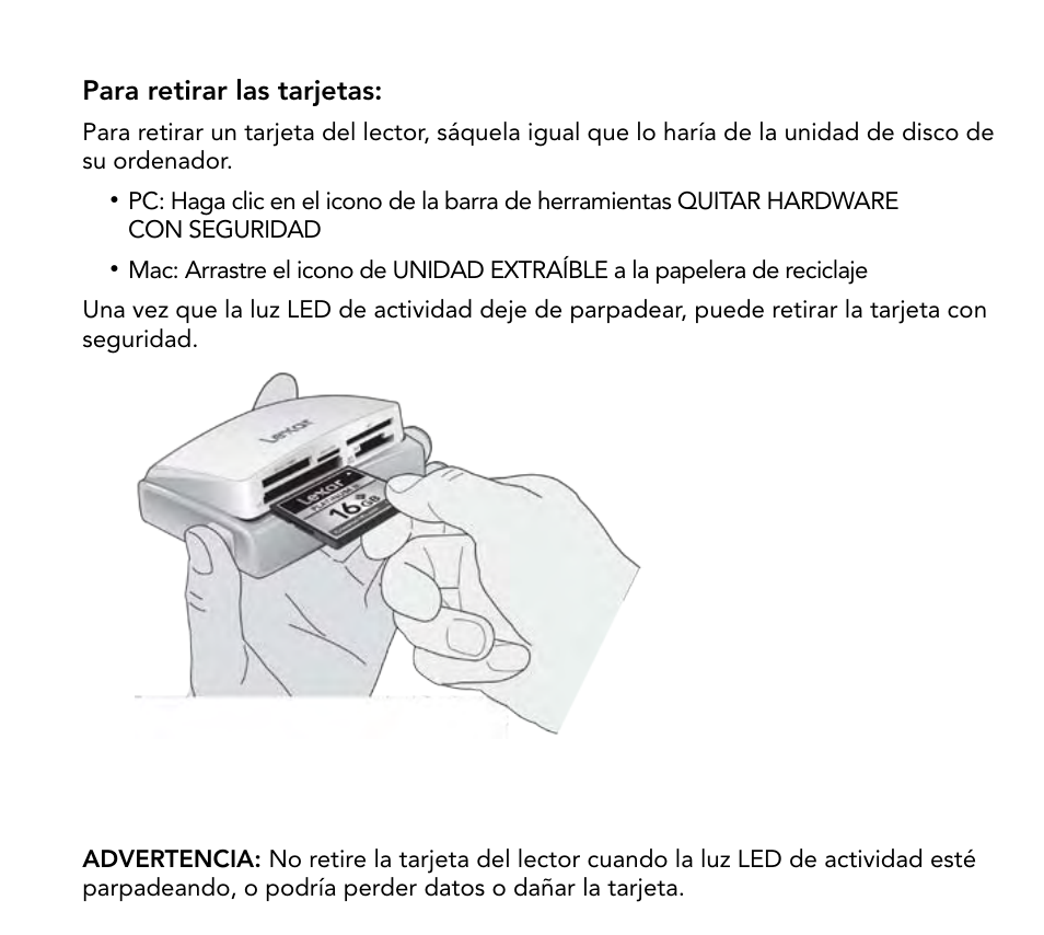 Para retirar las tarjetas | Lexar Multi-Card 24-in-1 USB Reader User Manual | Page 56 / 130