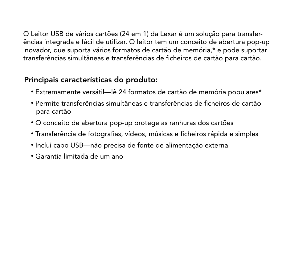 Principais características do produto | Lexar Multi-Card 24-in-1 USB Reader User Manual | Page 62 / 130