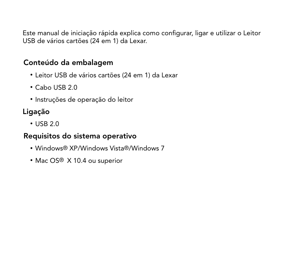 Conteúdo da embalagem, Ligação, Requisitos do sistema operativo | Lexar Multi-Card 24-in-1 USB Reader User Manual | Page 63 / 130