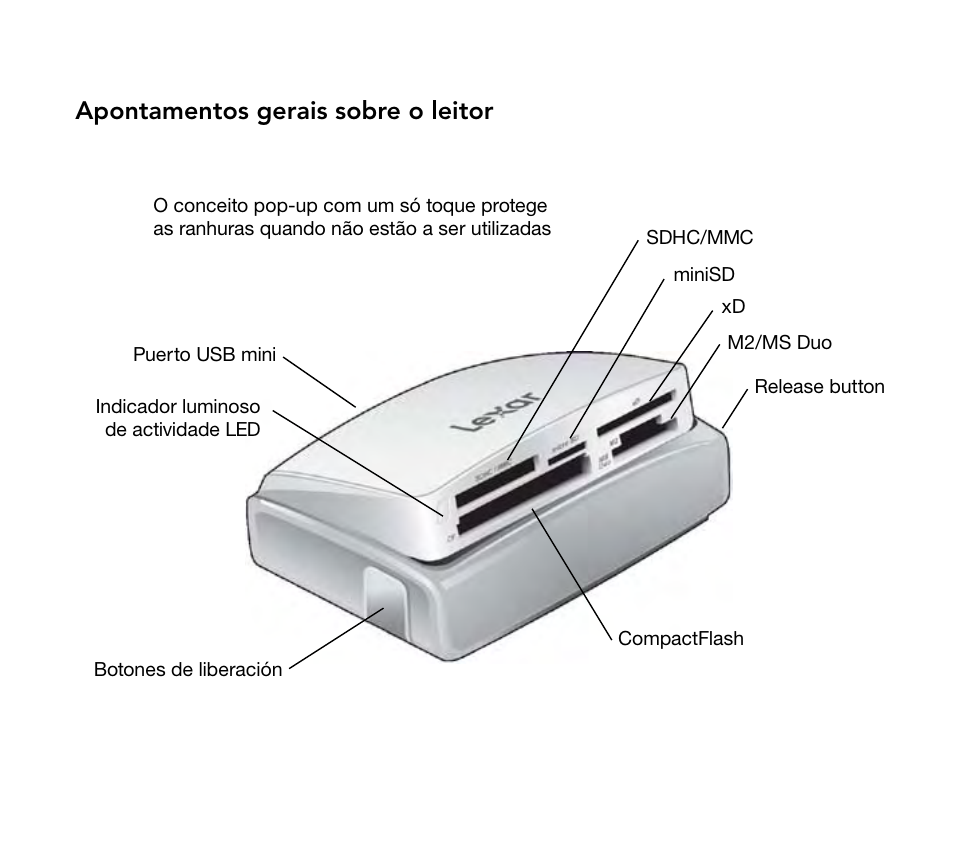 Apontamentos gerais sobre o leitor | Lexar Multi-Card 24-in-1 USB Reader User Manual | Page 64 / 130