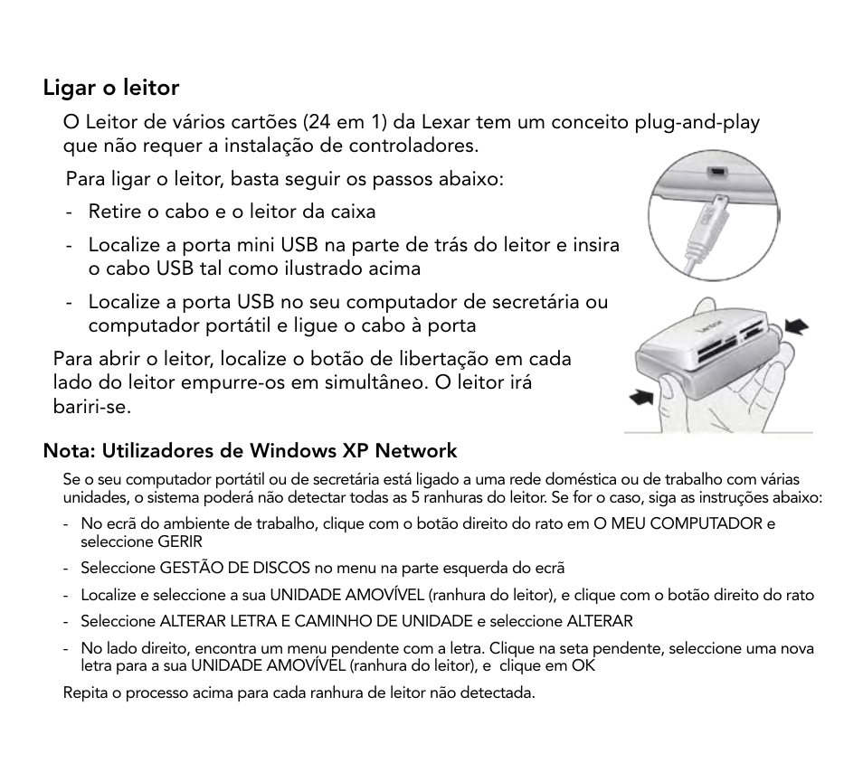 Ligar o leitor | Lexar Multi-Card 24-in-1 USB Reader User Manual | Page 65 / 130