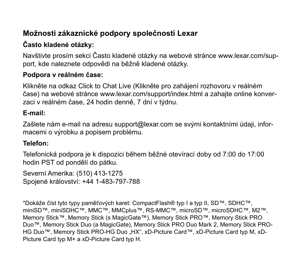 Možnosti zákaznické podpory společnosti lexar | Lexar Multi-Card 24-in-1 USB Reader User Manual | Page 88 / 130