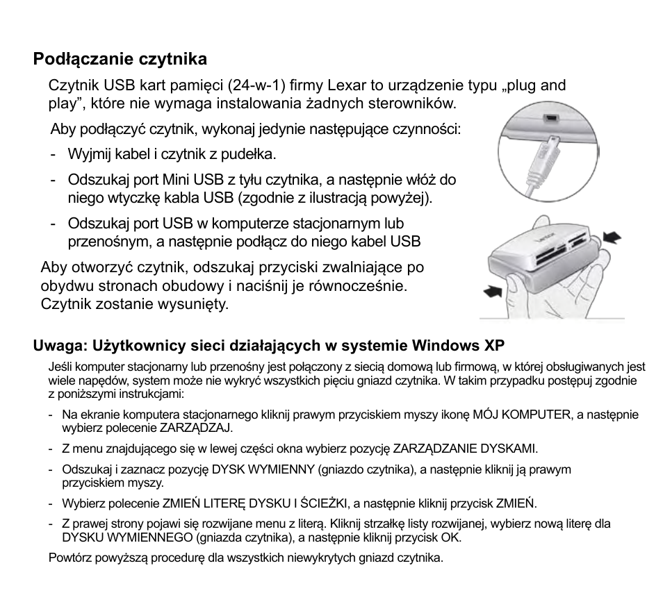 Podłączanie czytnika | Lexar Multi-Card 24-in-1 USB Reader User Manual | Page 95 / 130