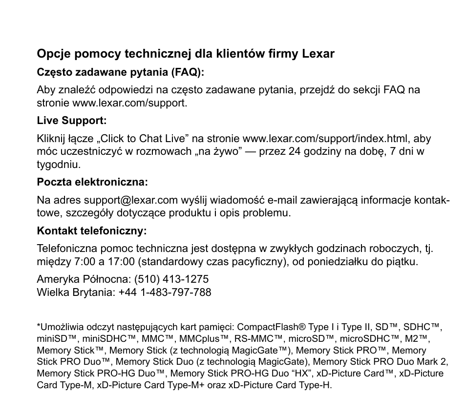 Opcje pomocy technicznej dla klientów firmy lexar | Lexar Multi-Card 24-in-1 USB Reader User Manual | Page 98 / 130