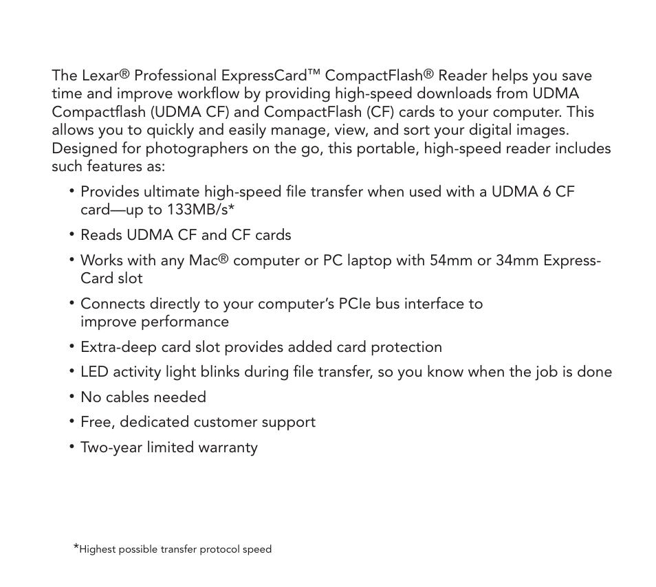 Lexar Professional ExpressCard™ CompactFlash® Reader User Manual | Page 2 / 10