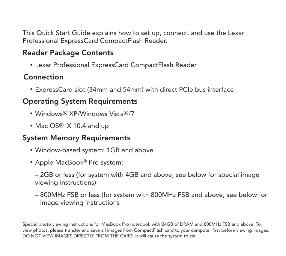 Reader package contents, Connection, Operating system requirements | Lexar Professional ExpressCard™ CompactFlash® Reader User Manual | Page 3 / 10