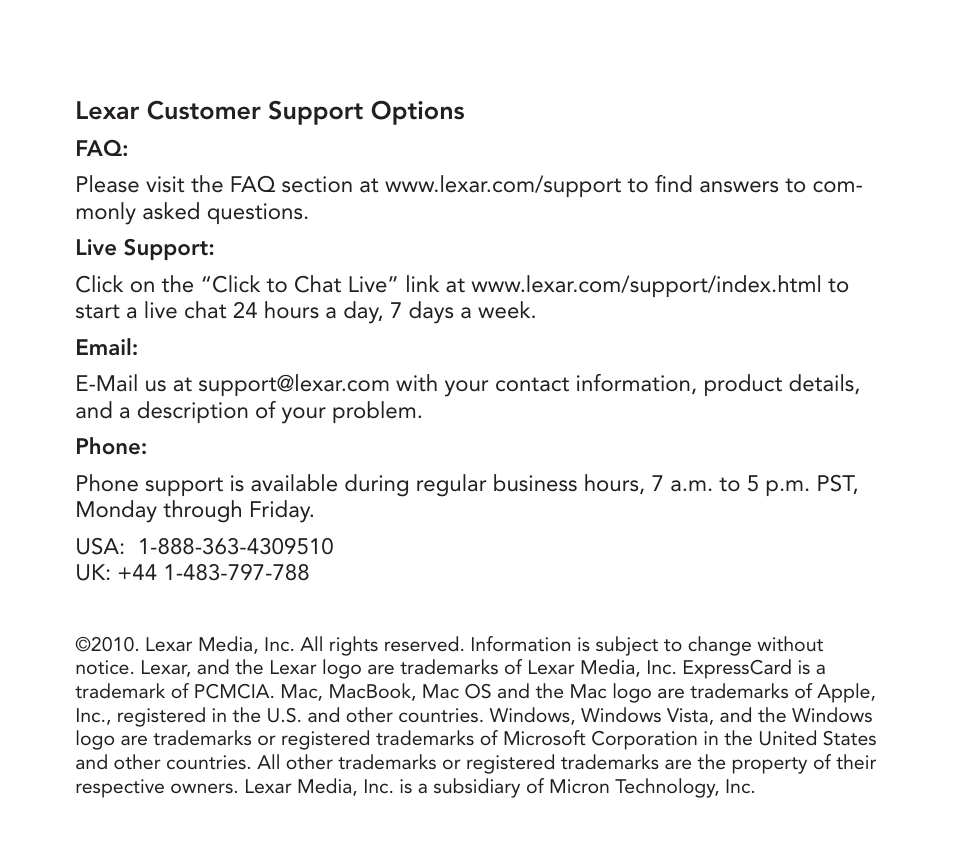 Lexar Professional ExpressCard™ CompactFlash® Reader User Manual | Page 9 / 10