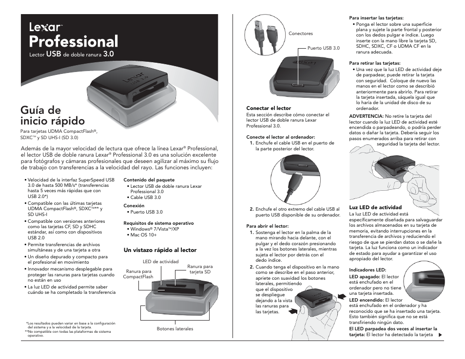 Guía de inicio rápido, Usb 3.0 | Lexar Professional USB 3.0 Dual-Slot User Manual | Page 11 / 22