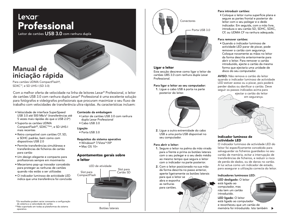 Manual de iniciação rápida, Usb 3.0 | Lexar Professional USB 3.0 Dual-Slot User Manual | Page 13 / 22