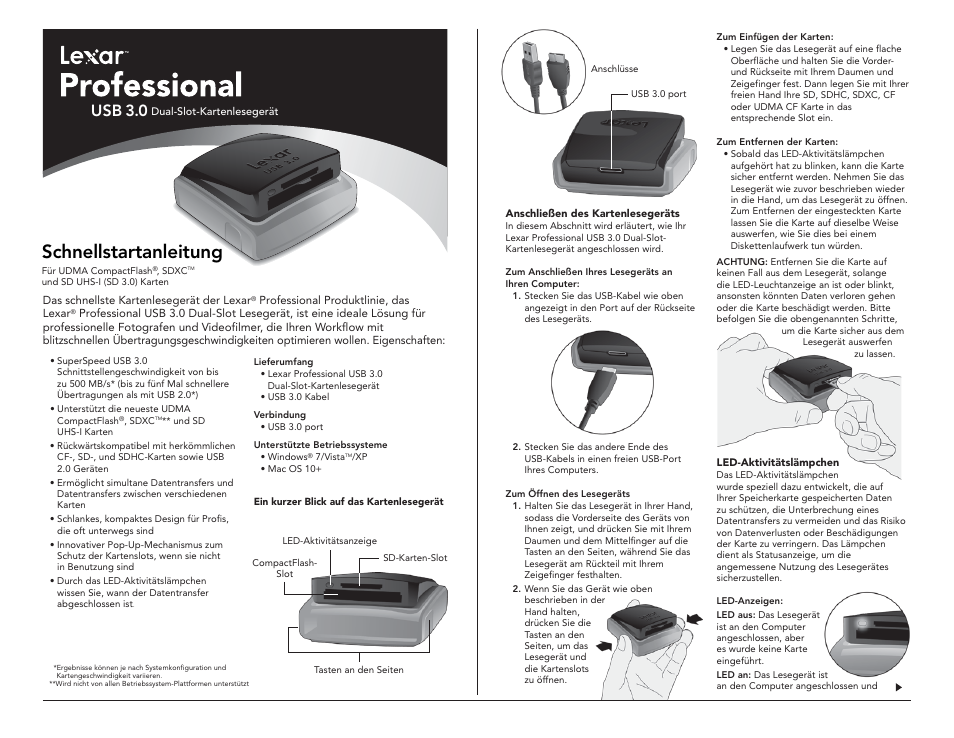 Schnellstartanleitung, Usb 3.0 | Lexar Professional USB 3.0 Dual-Slot User Manual | Page 3 / 22