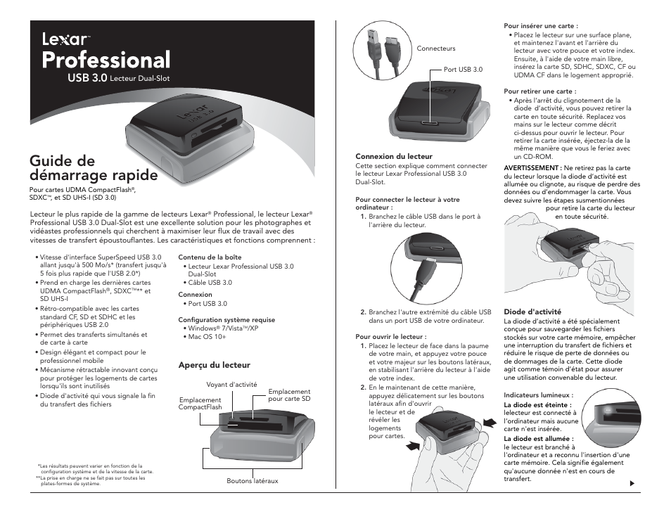 Guide de démarrage rapide, Usb 3.0 | Lexar Professional USB 3.0 Dual-Slot User Manual | Page 5 / 22