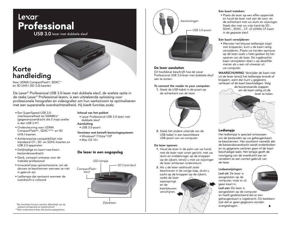 Korte handleiding, Usb 3.0 | Lexar Professional USB 3.0 Dual-Slot User Manual | Page 7 / 22