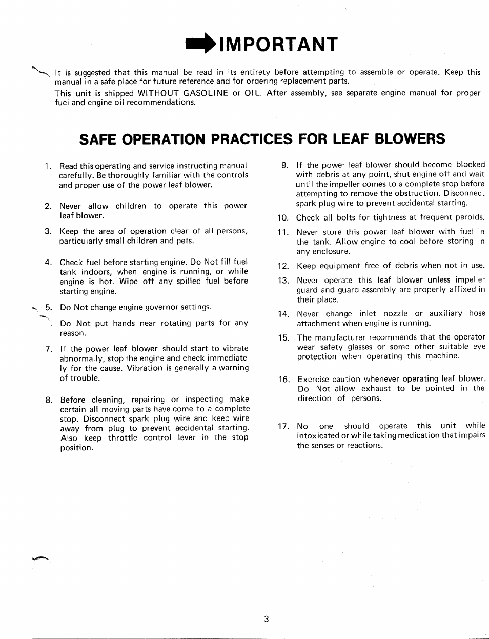 Safe operation practices for leaf blowers, Important | Bolens 241695 User Manual | Page 3 / 12