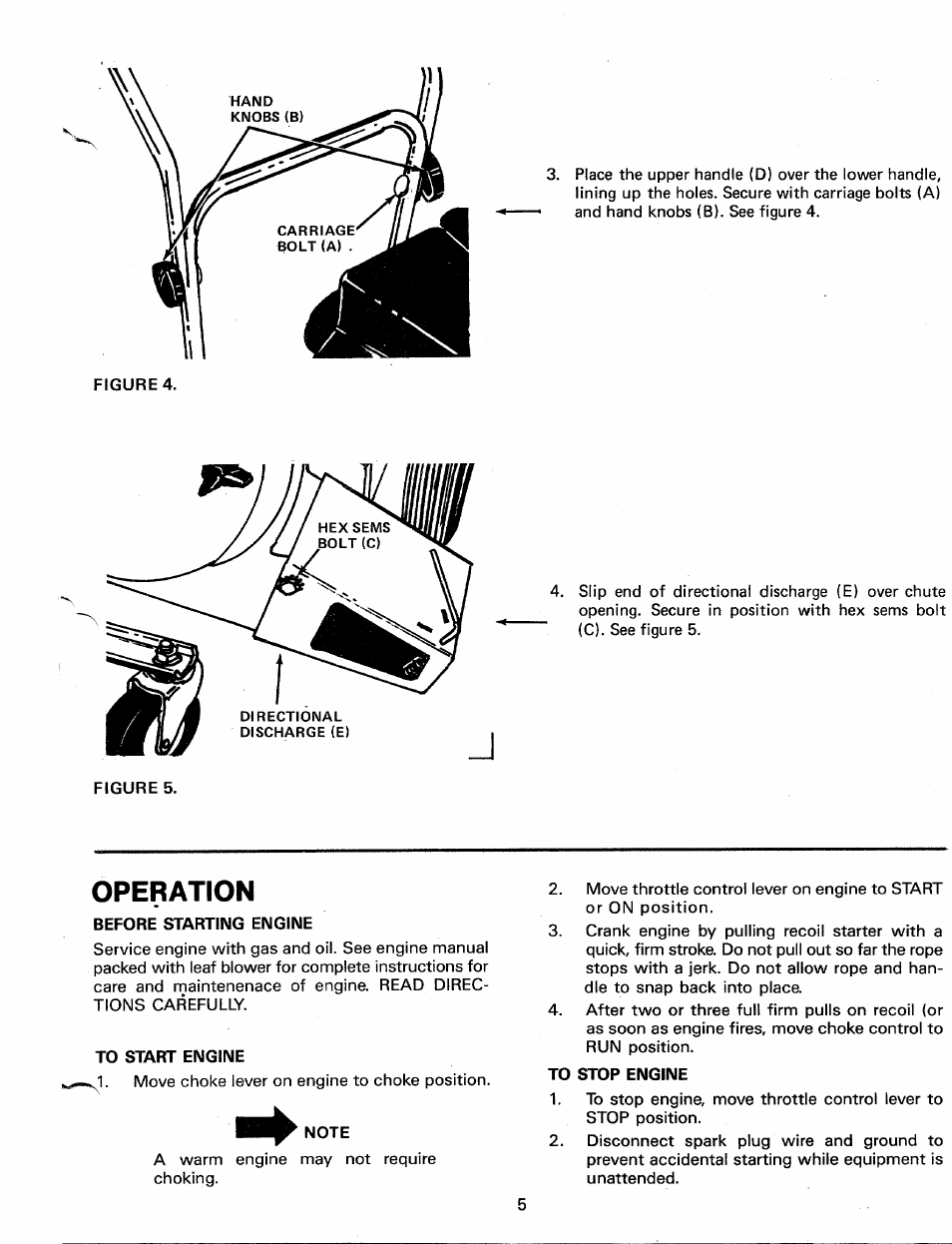 Operation, Before starting engine, To start engine | Note, To stop engine | Bolens 241695 User Manual | Page 5 / 12