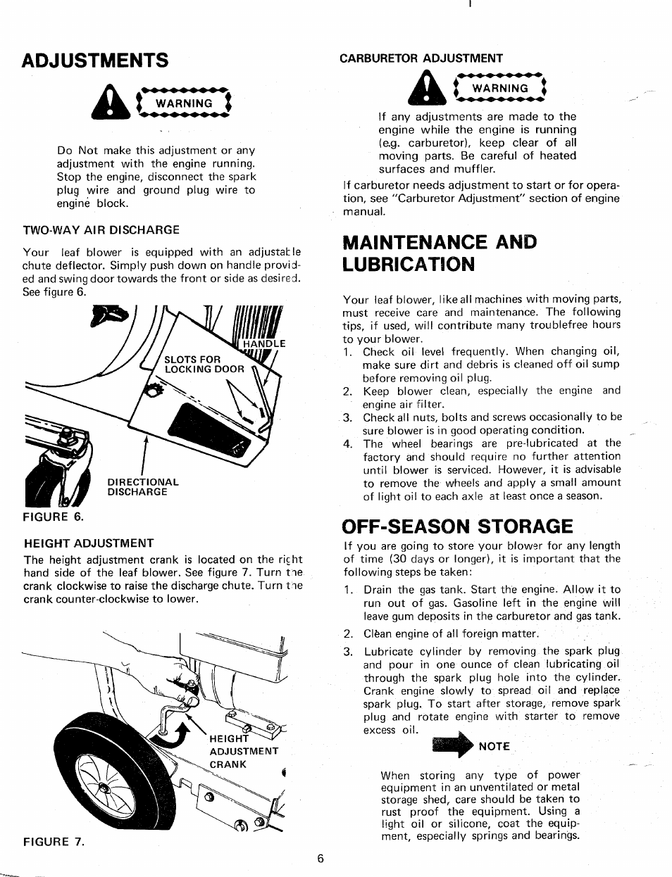 Adjustments, Ac warning i, Two-way air discharge | Carburetor adjustment, Height adjustment, Maintenance and lubrication, Off-season storage, Note | Bolens 241695 User Manual | Page 6 / 12