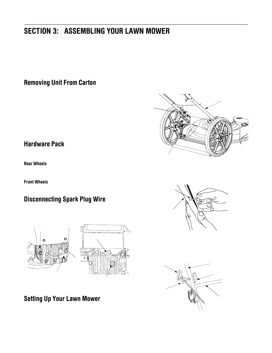Removing unit from carton, Hardware pack, Disconnecting spark plug wire | Setting up your lawn mower | Bolens 506 User Manual | Page 7 / 20