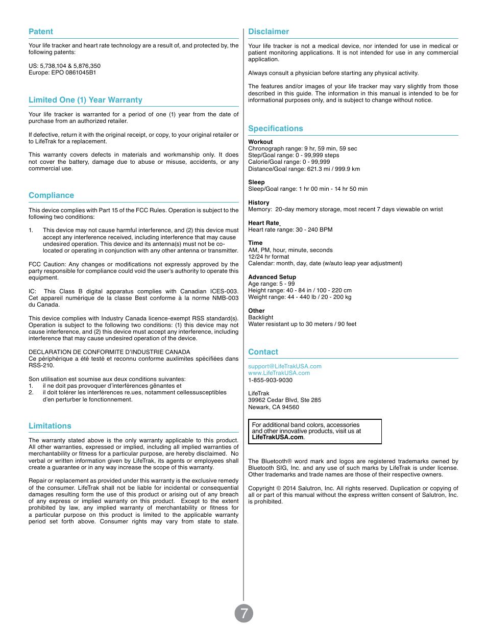 Disclaimer, Specifications, Contact | Patent, Limited one (1) year warranty, Compliance, Limitations | LifeTrak Brite R450 User Manual | Page 9 / 9