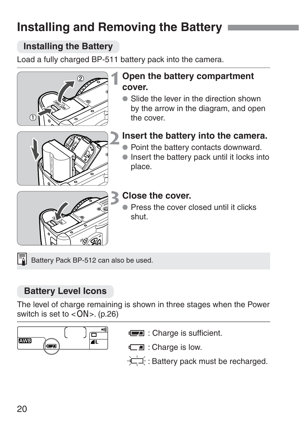 Installing and removing the battery | Canon ds6041 User Manual | Page 20 / 140