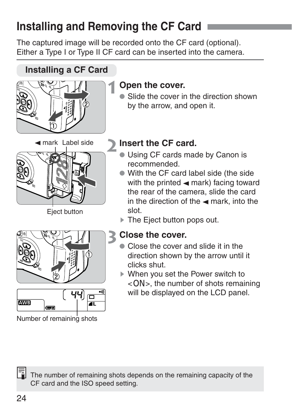 Installing and removing the cf card | Canon ds6041 User Manual | Page 24 / 140